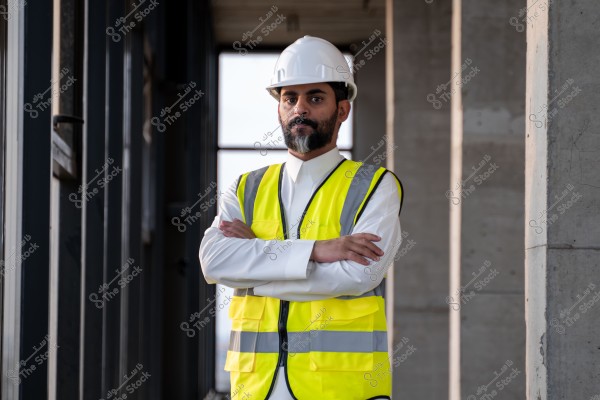 A portrait of a man wearing a white thawb and a yellow safety vest with a white helmet, standing at a construction site. The person appears to be Middle Eastern with a short beard. The background shows the interior of a building under construction.
