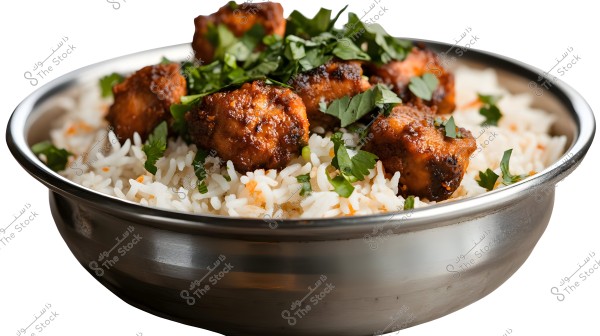 A metal dish containing long-grain rice garnished with pieces of grilled brown chicken, topped with chopped green coriander leaves, adding a distinctive flavor. The ingredients look fresh and appear appetizing, with a contrast of colors between the white rice, brown meat, and green vegetables.