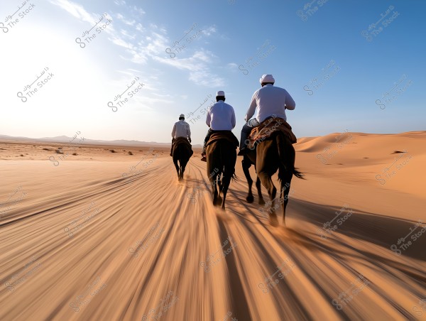 Three men riding horses in the desert, wearing traditional white clothing and hats. The golden sand stretches to the horizon under a clear blue sky with a few light clouds. The sun illuminates the sand, creating an inspiring and vast scene.