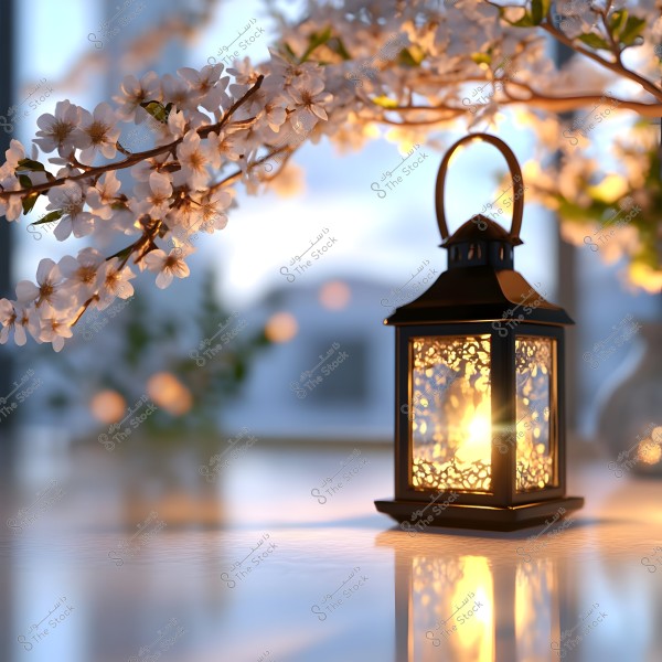A decorative metal lantern emits a soft glow in a partially dark room, surrounded by white flowers on a tree branch. The atmosphere is calm and romantic, with subtle light reflections on a glossy surface.