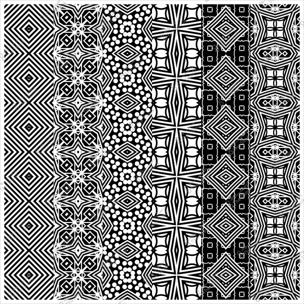 Geometric black and white patterns with various complex lines and shapes.