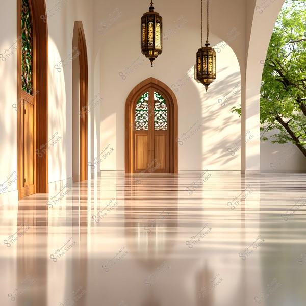 An image of a corridor in a traditional building featuring wooden arches and doors with ornate mashrabiya designs. Arabic-style lanterns hang from the ceiling, casting a soft light on the glossy floor. A large green tree is visible through an opening in the exterior wall, adding a natural touch to the scene.