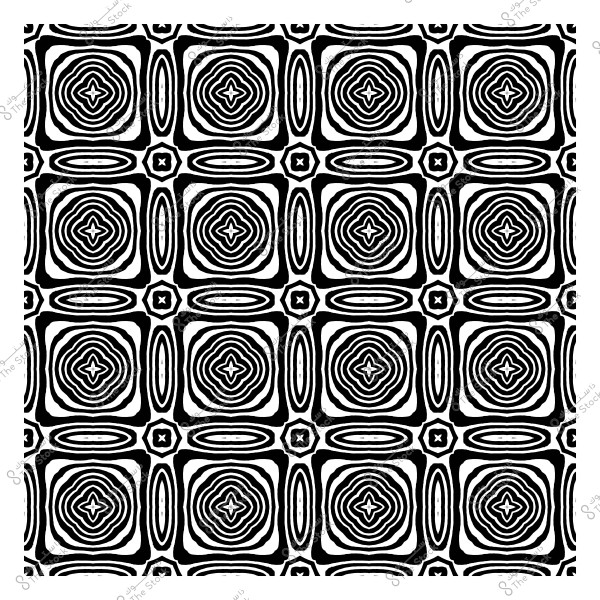 نمط أبيض وأسود مكون من أشكال هندسية متكررة مثل الدوائر والمربعات المتداخلة.