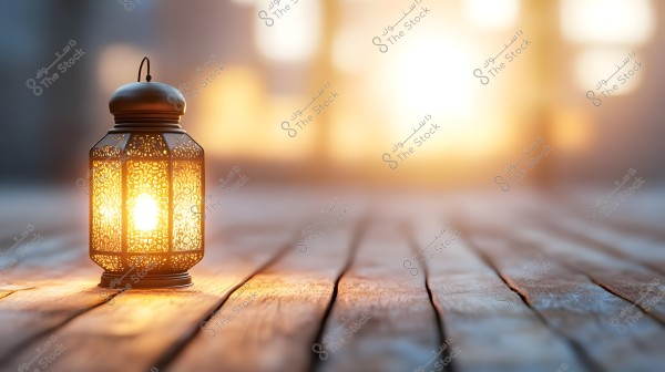 A lit lantern placed on a wooden surface with a blurry sunset in the background. The lantern features an ornate metal design emitting a warm glow, reflecting a traditional and calm ambiance.