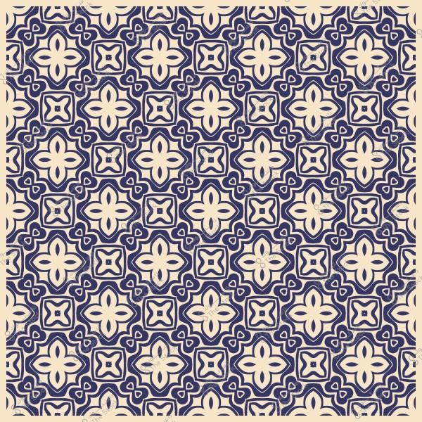 نمط زخرفي هندسي أزرق وكريمي يسود فيه تصميمات الأزهار والأشكال الهندسية المتكررة.