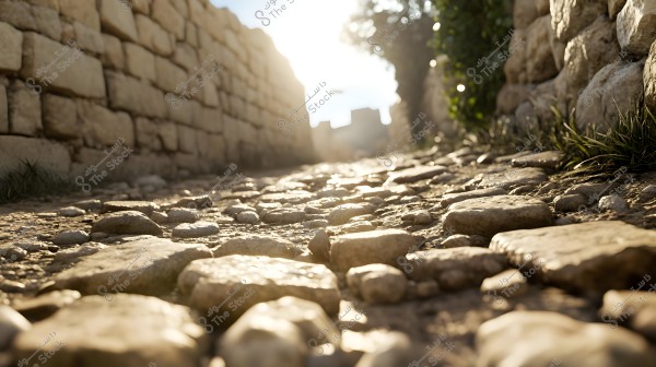 A narrow pathway paved with large and small stones, bordered by stone walls on both sides. Sunlight shines from above, capturing an ancient or historical atmosphere. Green plants grow near the walls, adding a natural touch to the scene.