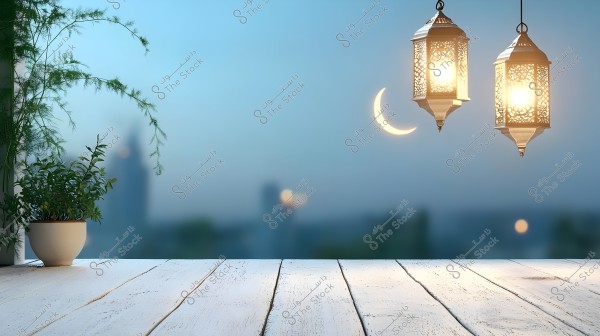 An image depicting two illuminated lanterns hanging in the air at dusk, with a crescent moon visible in the background. On the left side, there is a green plant in a pot placed on a white wooden surface. The background is blurred, creating a serene and enchanting atmosphere.