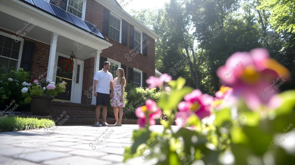 An image of a couple standing in front of a brick house with a flower-filled garden. The man is wearing a white shirt and shorts, and the woman is in a floral dress. The house has solar panels installed on the roof, and there are pink flowers in the foreground. The scene appears peaceful on a sunny day.