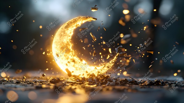 An image of a luminous crescent shape in the midst of disintegration, brightly lit and creating a magical, glowing scene. Numerous small fragments are scattering in the air around the crescent, adding a dynamic and vibrant feel to the image. The background is dark, accentuating the highlighted crescent and fragments.