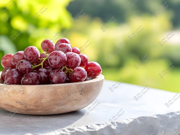 A photo of a stone bowl containing a bunch of shiny red grapes. The grapes appear fresh with droplets of water on them. The background is blurred, showing shades of green, suggesting an outdoor natural setting.