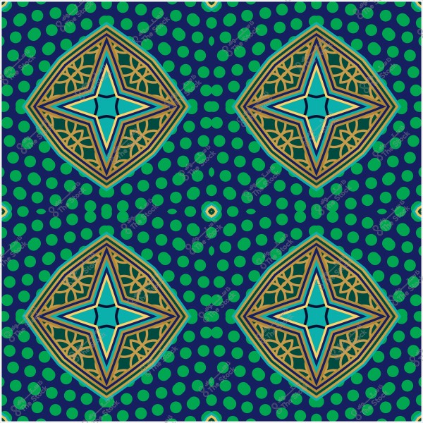 نمط زخرفي بألوان زرقاء وخضراء مع أشكال نجمية ذهبية وزخارف هندسية.