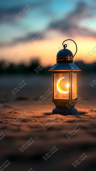A lit metal lantern on the sand at sunset, with a glowing crescent shape inside. The sky in the background is gradient with sunset colors, creating a warm and tranquil ambiance.
