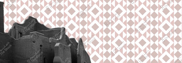 An image of a portion of a traditional mudbrick building on the left side of the picture, featuring architectural details indicative of traditional Arabic design. The background is filled with a decorative pattern of geometric shapes, including squares and diamonds, in white and light pink.