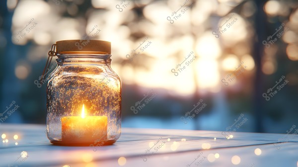 An image of a glowing candle inside a glass jar placed on a wooden surface in dim lighting. The light from the candle illuminates warmly, adding a cozy touch to the scene. In the background, out-of-focus natural scenery appears with the sun setting and light specks dancing in the air.