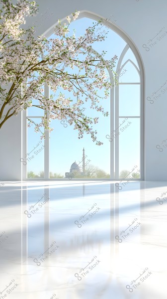 An interior scene showing a large arched window overlooking an outdoor view featuring a mosque with a dome and minaret in the distance. In the foreground, branches of a tree with white blossoms add a touch of beauty to the vista. The shiny floor reflects the natural light from outside, giving the space a serene and minimalist feel.