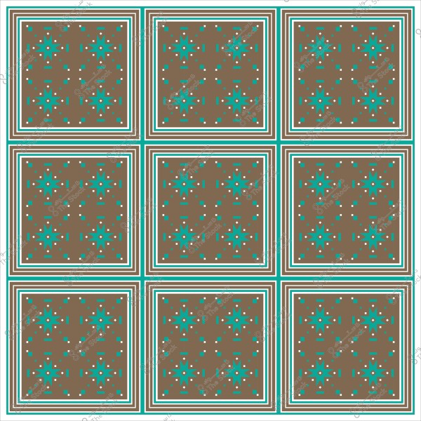 نمط هندسي مكون من تسعة مربعات بنية مع نجوم زرقاء وتفاصيل بيضاء.