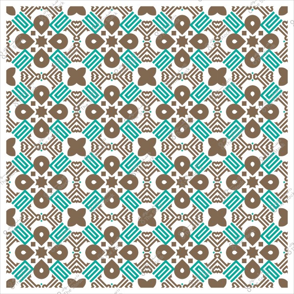 تصميم نمط هندسي متماثل بألوان بني وأزرق فيروزي مع خلفية بيضاء.