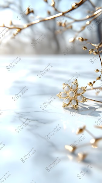 An image showing a gold floral ornament placed on a smooth, marble-like surface. In the background, some brown branches with small, detailed buds are visible against a blurred backdrop, giving an overall sense of calmness and winter.