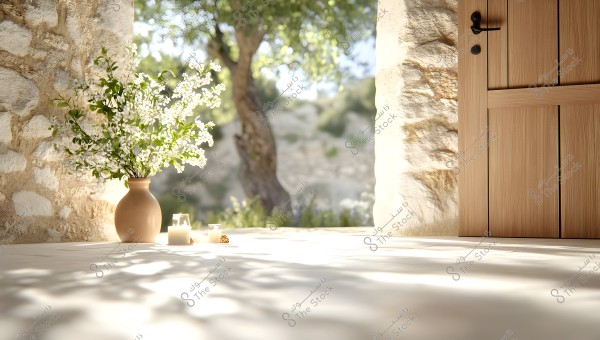 A scene of a rustic home basking in warm sunlight, featuring a brown clay vase with white flowers and green foliage on a wooden floor. Next to the vase, there are two lit candles, and a large open window or wooden door reveals an olive tree in the outdoor courtyard.