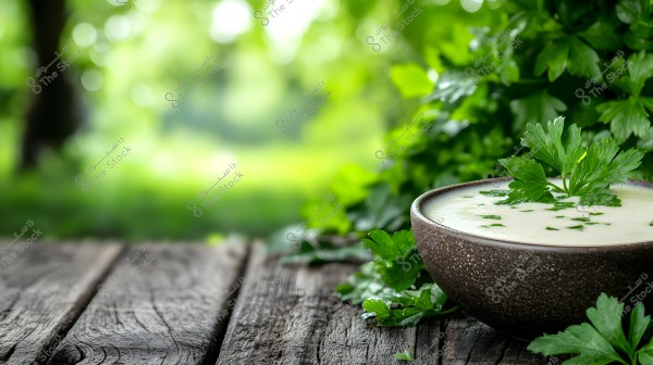 Image of a brown bowl containing creamy soup garnished with fresh parsley leaves, placed on a rustic wooden surface. In the background, blurred green plants are visible, adding a sense of nature and tranquility.