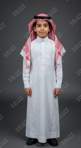 The image shows a young boy wearing traditional Saudi attire, featuring a white thobe and a red and white checkered shemagh secured with a black agal, standing against a gray background. The boy\'s appearance reflects the traditional Saudi clothing culture.