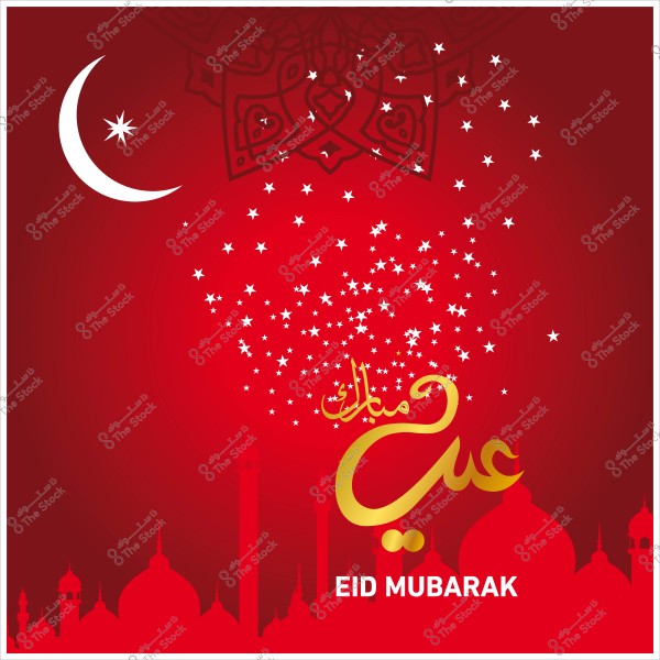 A red background featuring a crescent moon and stars, with the words \"Eid Mubarak\" in gold.