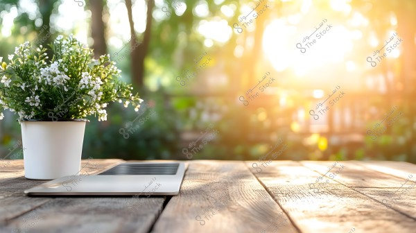 An image showing a wooden outdoor table with warm sunlight in the background. On the table, there is a closed laptop alongside a flowering plant in a white pot. The background features green trees with sunlight casting a soft glow.