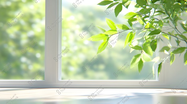 The image shows a green tree branch extending through an open window, with sunlight illuminating the vibrant green leaves. The background reveals a natural, blurred scenery outside the window, creating a sense of calm and tranquility.