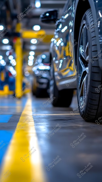 Image showing part of a modern car parked in an indoor parking space. Focus is on the rear wheel of the car, with a yellow line extending on the concrete floor. In the background, other cars and bright overhead lighting create a soft, blurred effect on the scene.