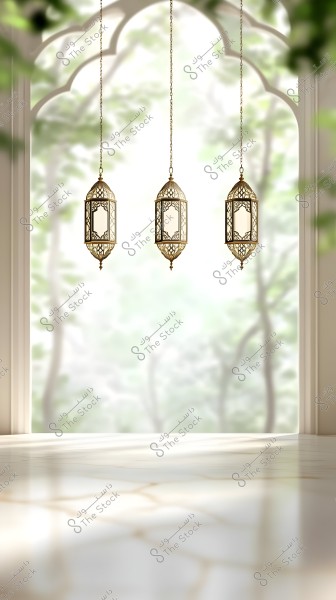 Three elegant golden lanterns hang from delicate chains beneath a large arched window. The traditional Arabic design reflects the bright natural light that fills the space. The floor is marble with beautiful patterns, adding a touch of luxury. The view of nature outside is blurred, creating a calm and enchanting atmosphere.