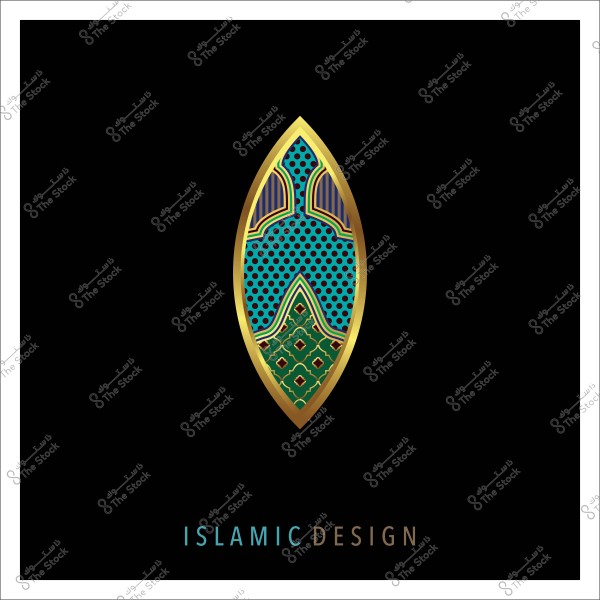 Islamic design with colorful geometric pattern encircled by a golden frame on a black background.