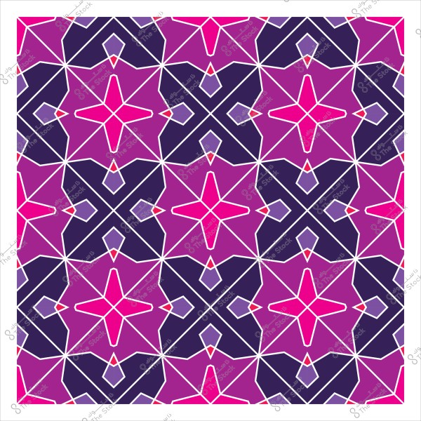 Symmetrical geometric pattern in pink and purple colors with star shapes and white lines.