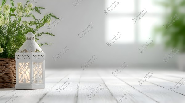 An image of a white wooden table in a well-lit room with natural daylight. A white lantern with ornate designs is lit and placed on the table. Next to the lantern is a woven basket containing green plants and white flowers. The background shows a large window with diffused light.