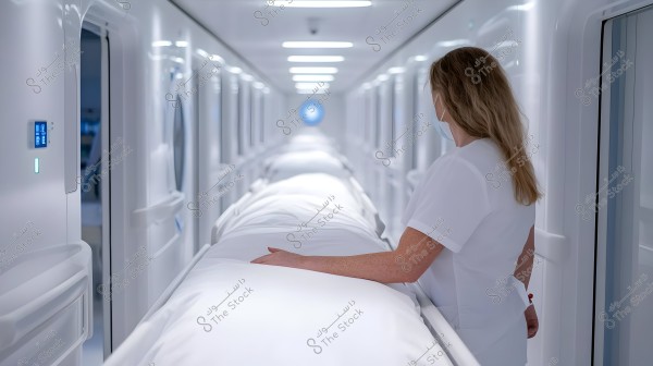 The image shows a nurse wearing white medical attire and a face mask walking through a narrow corridor lined with medical equipment or capsules, suggesting a sterile and modern environment. The lighting is bright and white, with a futuristic design.