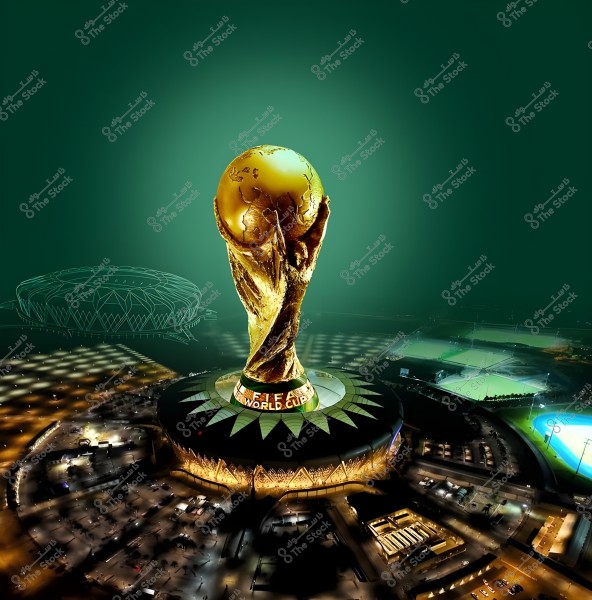 Image depicting a large golden FIFA World Cup trophy placed atop a stadium illuminated with green night lighting and golden embellishments. Another stadium is visible in the background under a dark green sky, with lighting highlighting the details of the architectural exterior design.