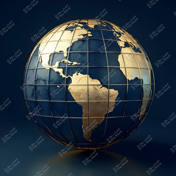 A decorative globe with golden elements representing the continents, showing the Americas, Africa, and parts of Europe. The sphere\'s surface is dark blue with golden details highlighting the continents. The background is black, enhancing the elegant and luxurious design of the globe.
