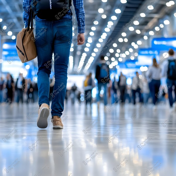 يظهر في الصورة شخص يمشي في مكان مزدحم قد يكون مطارًا أو مركزًا تجاريًا حديثًا. الشخص يرتدي قميصًا أزرق ذو مربعات وسروال جينز ضيق, ويحمل حقيبة ظهر سوداء وحقيبة يد بنية. بالإضافة إلى ذلك, الأرضية لامعة وهناك أشخاص آخرون يسيرون في الخلفية مع أضواء ساطعة في الأعلى.