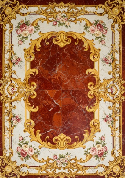 Decorative pattern on marble tiles featuring gold baroque frames, adorned with pink and white floral motifs at the corners and sides. The background is a reddish-brown with prominent marble veining.