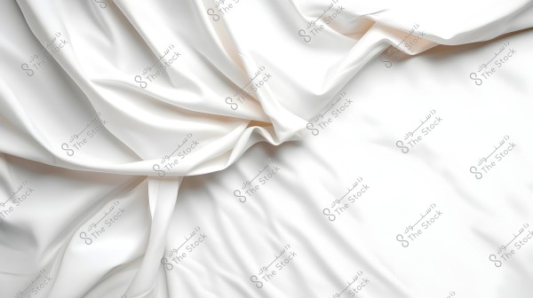 Image of wrinkled white fabric showing details of folds and shadows. The fabric appears soft and shiny, with light reflecting off it, creating a delicate and intricate appearance.