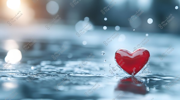 An image showing a small red heart placed on a blue water surface. Water droplets splash around the heart, adding a dynamic effect. The background is blurred, with circular light spots adding a sense of depth and tranquility to the scene.
