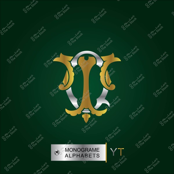 تصميم حرفي مونوغرام مزخرف باللونين الذهبي والفضي على خلفية خضراء داكنة مع كتابة "MONOGRAM ALPHABETS" وحرف "YT".