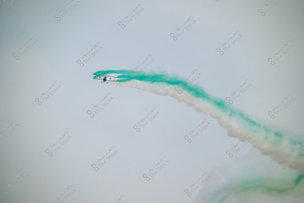 An airplane flying in the sky, releasing green and white smoke, forming a trail in the air. The horizon is wide and mostly clear, highlighting the vibrant colors of the smoke.