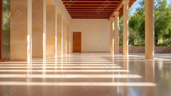 An image depicting an outdoor corridor illuminated by sunlight, featuring white columns and large glass windows on the left. The floor is made of reflective tiles, casting parallel lines of sunlight across it. In the background, there is a wooden door and a low stone wall with green plants and trees visible outside the window.