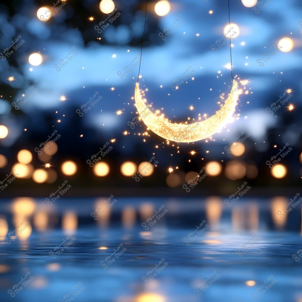 A nighttime image features a glowing crescent moon hanging with twinkling small stars, set against a backdrop of blurred circular lights above water. The scene evokes a sense of calm and enchantment.