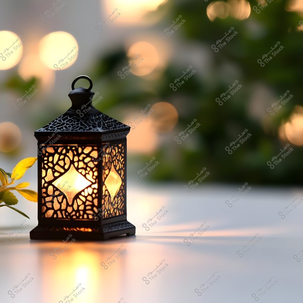 A metal lantern with warm lights emanating a soft, inviting glow. The blurred background contains cool lights and green foliage.