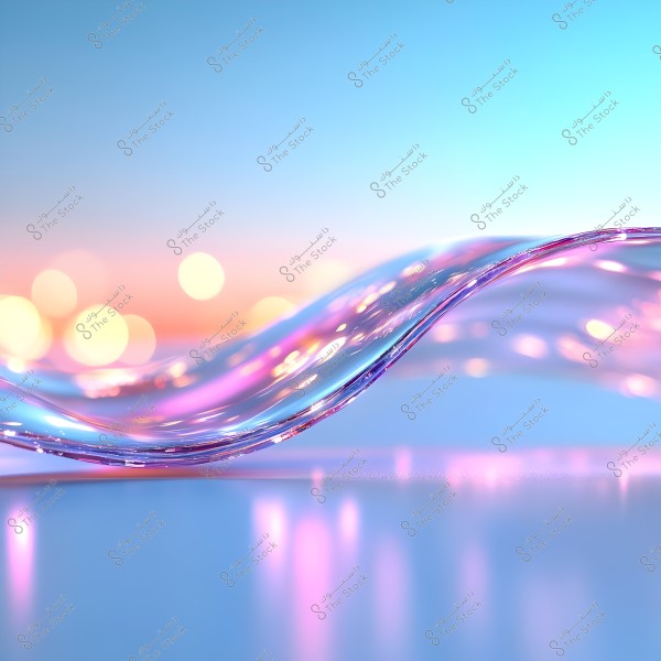 An image showcasing a transparent glass wave with rainbow colors gently curving over a smooth surface. Lights and a blurred background in shades of white, pink, and blue create an atmosphere of calm and abstract beauty.
