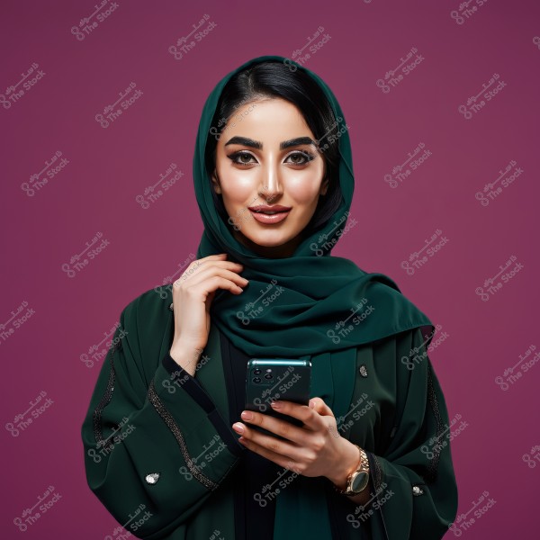 A portrait of a woman wearing a green hijab and matching dress, looking at her smartphone in her hand. The background is purple, and the woman is softly smiling.