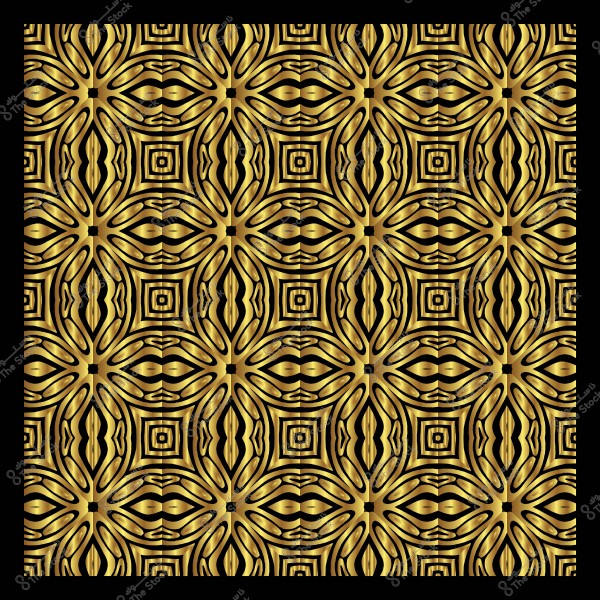 نمط زخرفي ذهبي متكرر يتضمن أشكال هندسية متداخلة على خلفية سوداء.