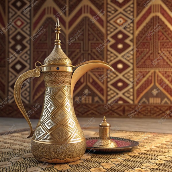 صورة لدلة قهوة عربية ذهبية ذات نقوش معقدة موضوعة على سجادة بنمط تقليدي. في الخلفية, يظهر جدار مزخرف بتصاميم هندسية تقليدية باللونين البني والأحمر, يوحي بالثقافة العربية والضيافة.