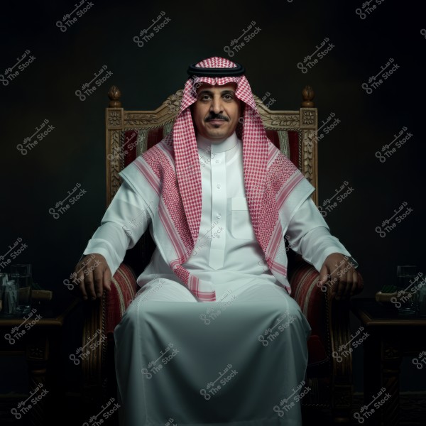 A portrait of a man sitting on an ornate chair. He is wearing traditional Saudi attire, a white thobe with a red and white headscarf known as a ghutra and agal. The chair is designed with intricate details and next to it is a small table with some items.